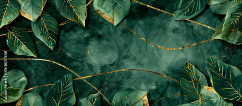 green leaves pattern golden line abstract luxury texture background