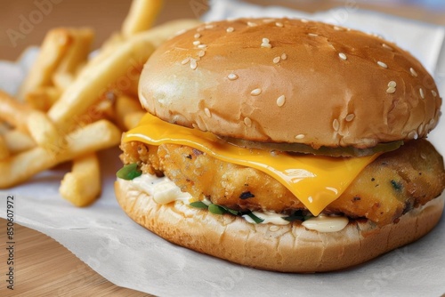 A close up of a hamburger and french fries on a table, typical fast food meal