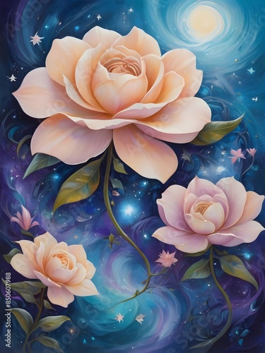  A vibrant modern acrylic painting of a celestial garden, set in a mystical, whimsical atmosphere, where delicate gardenia flowers blossom amidst a swirling vortex of twinkling stars Generative AI photo