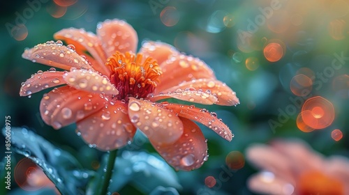 Freshly bloomed flower with dew close up, focus on petals freshness vibrant shades, Double exposure, garden backdrop
