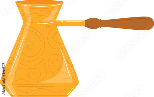 Turkish coffee pot cezve illustration bright orange design. Traditional coffee preparation utensil kitchenware isolated white background. Swirls pattern decoration lover accessories graphic