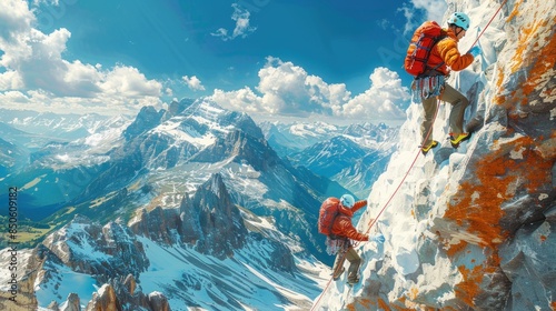 Illustration of climbers scaling a steep rock face
