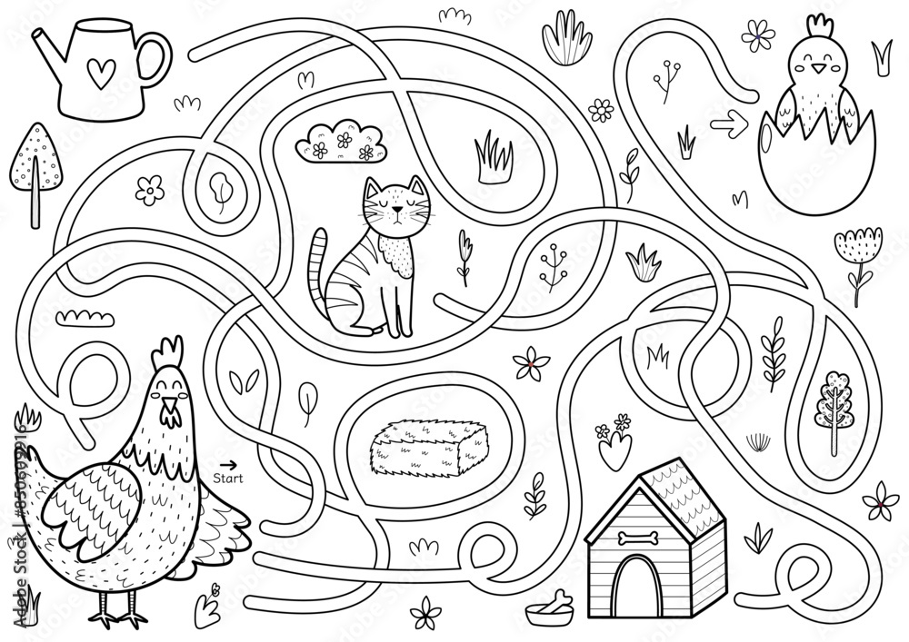 Fototapeta premium Help the mother hen to find a way to her baby chick. Farm maze black and white activity page for kids. Mini game for school and preschool. Vector illustration