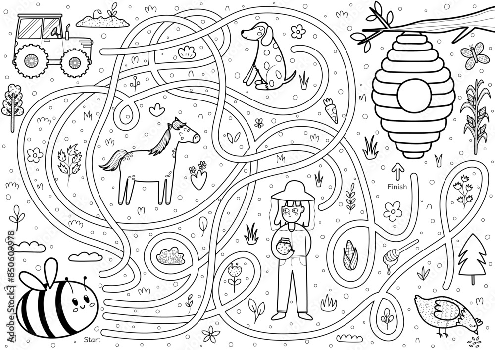 Help the bee to find a way to the beehive. Farm maze black and white activity page for kids. Mini game for school and preschool. Vector illustration Help the bee to find a way to the beehive. Farm maze black and white activity page for kids. Mini game for school and preschool. Vector illustration
