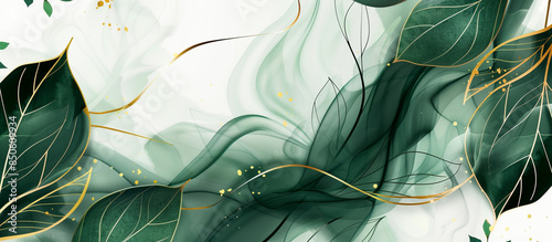 green leaves pattern golden line abstract luxury texture background