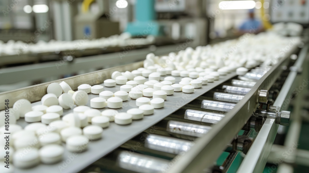 Tablets and capsules are made in a factory on a production line. White painkiller pills move on a conveyor belt to be packaged. Tablets and capsules are made in a factory on a production line. White painkiller pills move on a conveyor belt to be packaged.