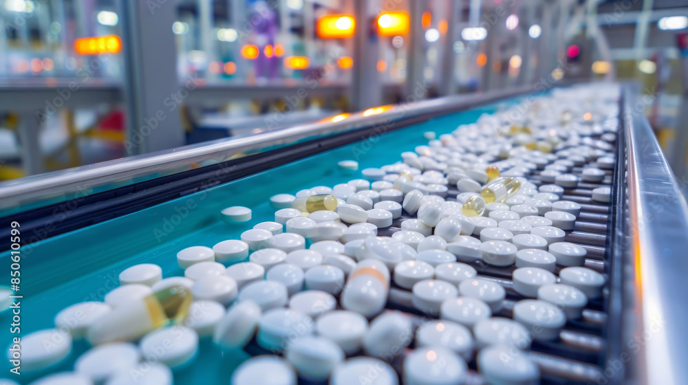 Tablets and capsules are made in a factory on a production line. White painkiller pills move on a conveyor belt to be packaged. Tablets and capsules are made in a factory on a production line. White painkiller pills move on a conveyor belt to be packaged.