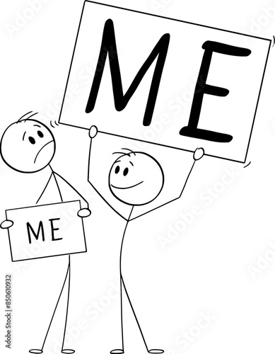 Persons holding me sign, vector cartoon stick figure or character illustration.