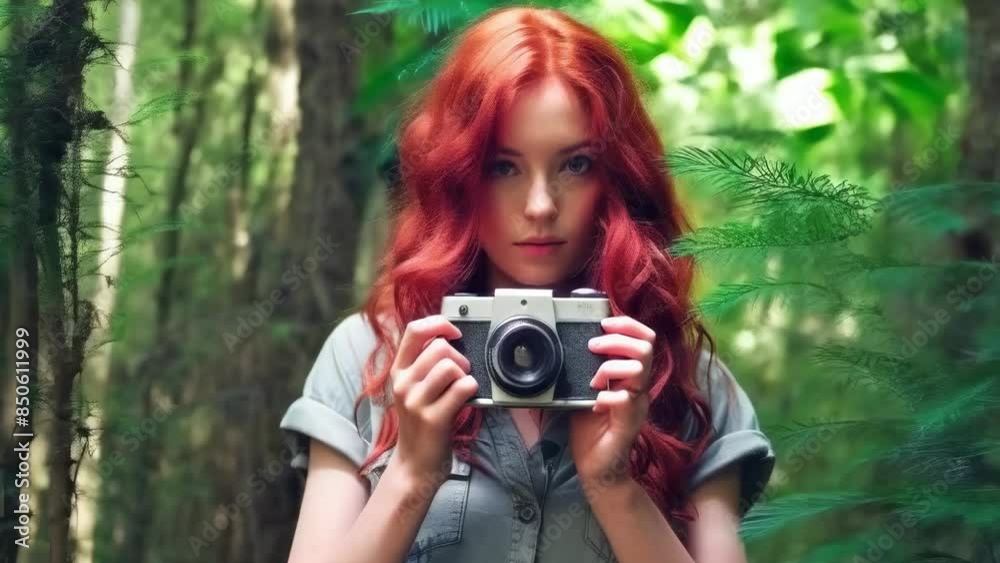 A young, red-haired woman in casual clothing stands in a green forest holding a camera. The scene suggests a daytime nature photography session. The mood is serene and contemplative, capturing her A young, red-haired woman in casual clothing stands in a green forest holding a camera. The scene suggests a daytime nature photography session. The mood is serene and contemplative, capturing her