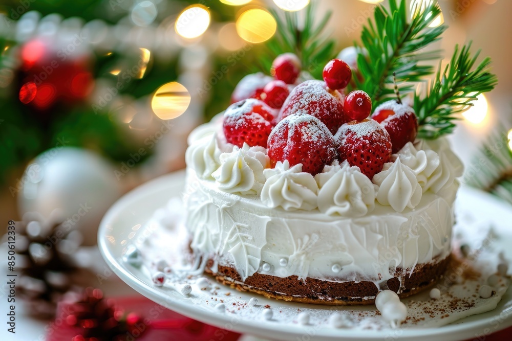 Festive Christmas Cake with Cherries and Chocolate Drizzle on Decorative Stand