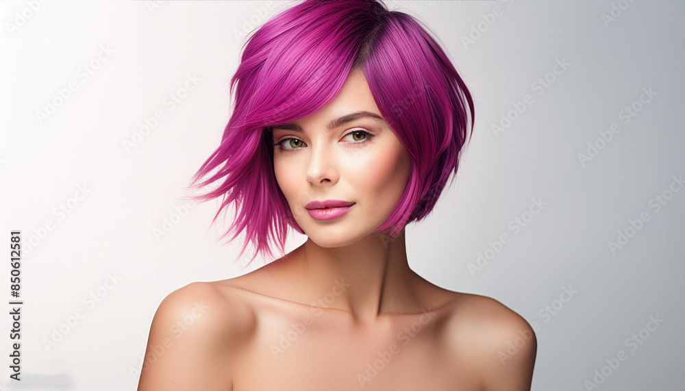 studio portrait of a purple short haired woman with nude shoulders on a white background studio portrait of a purple short haired woman with nude shoulders on a white background