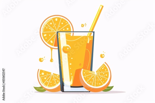 Refreshing 64-bit Orange Juice Illustration - Vibrant Flat Design on White Background photo