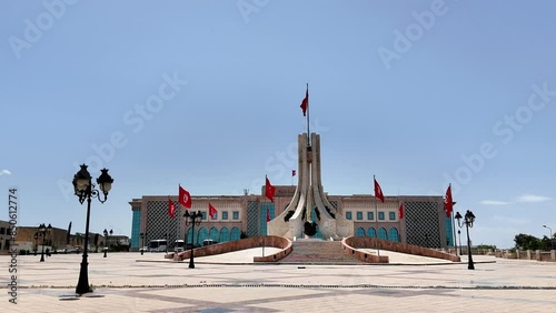 Tunis, Tunisia - 05-29-2024 -  Kasbah square the town hall (Hotel de Ville) Tunis, and the National Monument in the center
