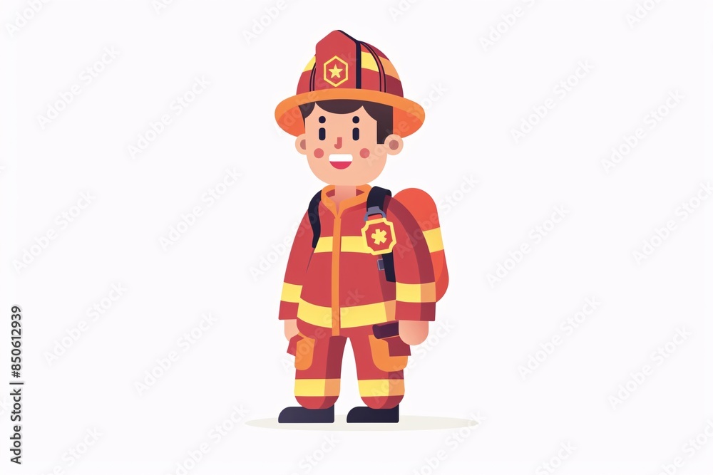 Brave 64-Bit Firefighter - Adorable Character in Flat Design on White Background Brave 64-Bit Firefighter - Adorable Character in Flat Design on White Background