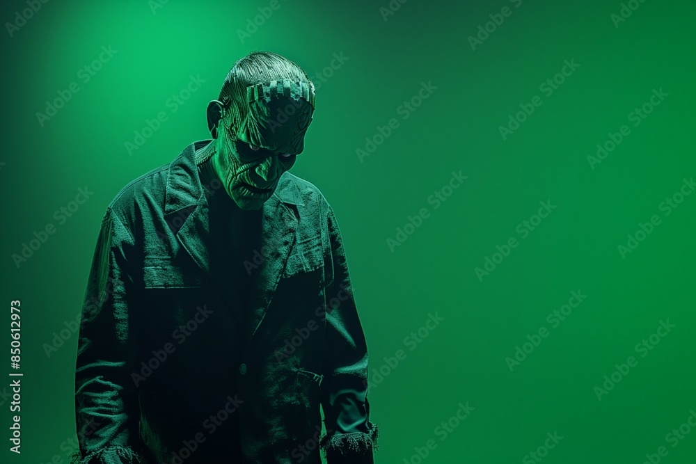 Mysterious Man in Shadows on Green Background with Moody Lighting, Halloween horror concept Mysterious Man in Shadows on Green Background with Moody Lighting, Halloween horror concept