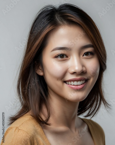 white background studio portrait of smiling asian pretty woman model with clear smooth skin © sevenSkies