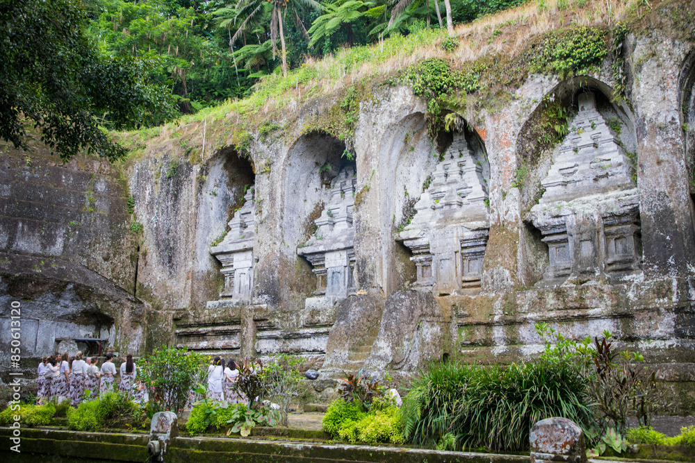 Beautiful view of Gunung Kawi Tampaksiring and ritual in Ubud, Bali Island, Indonesia
