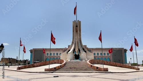 Tunis, Tunisia - 05-29-2024 -  Kasbah square the town hall (Hotel de Ville) Tunis, and the National Monument in the center