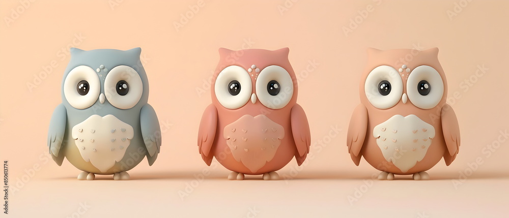 Fototapeta premium 3D clay, Adorable clay owl bird ,muted pastels, Blender 3d, Easter bunny with colorful eggs and cute , kawaii pets model, dolls decorations