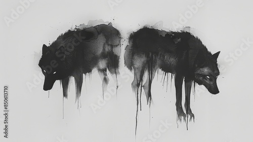 Two Wolves in Watercolor Style - Two black wolves are depicted in a watercolor style, with drips of black paint flowing down their bodies and creating an abstract and dramatic effect. photo