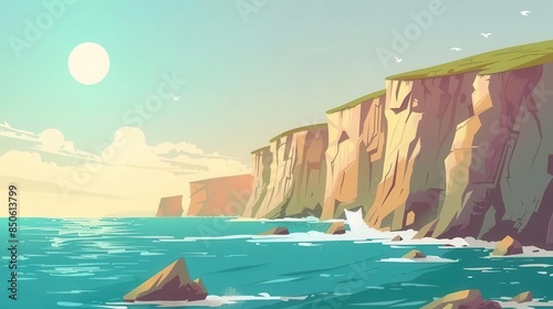 cliffs and sea flat design side view rugged beauty animation Splitcomplementary color scheme