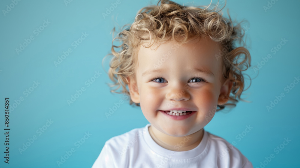 Portrait of a smiling cute boy with curly blonde hair on a blue background Portrait of a smiling cute boy with curly blonde hair on a blue background