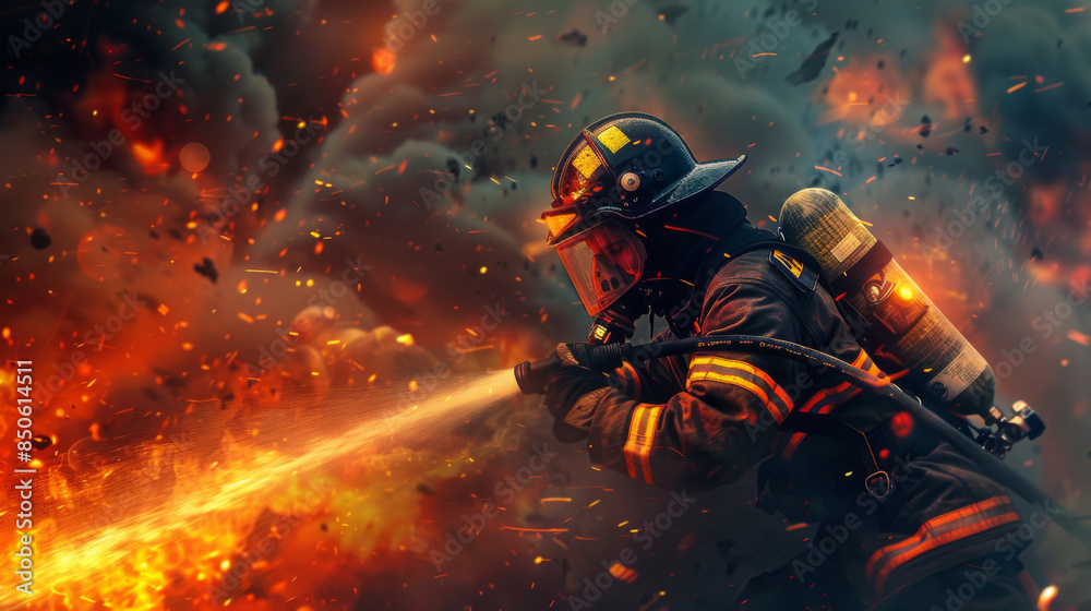 Firefighter in protective gear extinguishing a fierce blaze amidst heavy smoke and flames in a dramatic scene. Firefighter in protective gear extinguishing a fierce blaze amidst heavy smoke and flames in a dramatic scene.