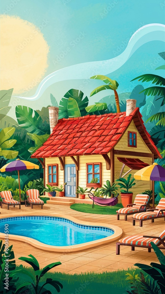 Obraz premium Tropical villa with pool under sunny sky