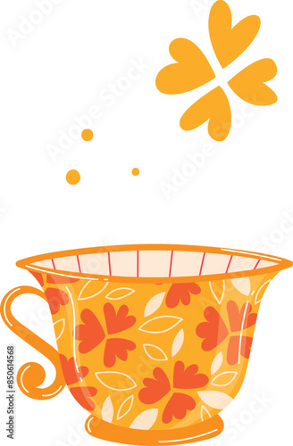 Decorative teacup floral pattern yellow red colors isolated white background. Stylized tea cup orange flowers leaves kitchenware illustration. Autumnthemed beverage container graphic design element