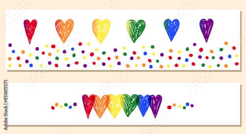 Horizontal vector banners with hearts and dots in the pride flag colors, colorful LGBT templates