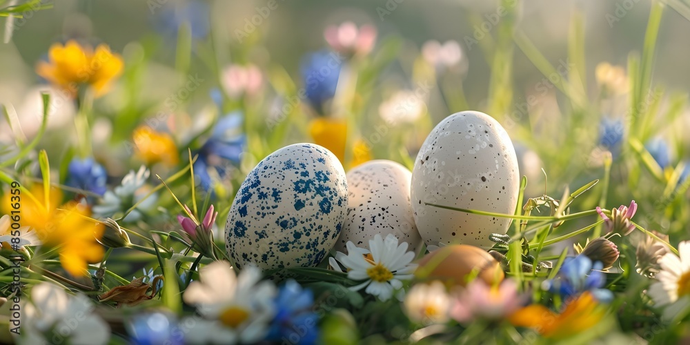 Spring Decor Artisanal Easter Eggs in a Wildflower Meadow. Concept Easter Decor, Artisanal Eggs, Spring Flowers, Meadow Setting, Handmade Crafts Spring Decor Artisanal Easter Eggs in a Wildflower Meadow. Concept Easter Decor, Artisanal Eggs, Spring Flowers, Meadow Setting, Handmade Crafts