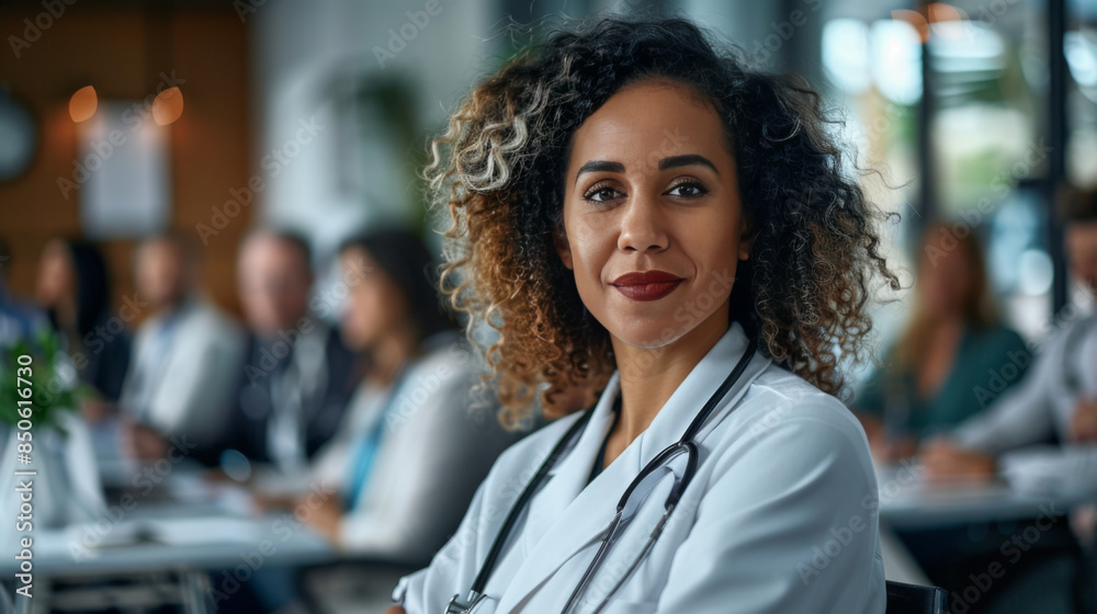 Fototapeta premium Confident female doctor in a white coat, seated in a conference room with colleagues in the background, showcasing professionalism.