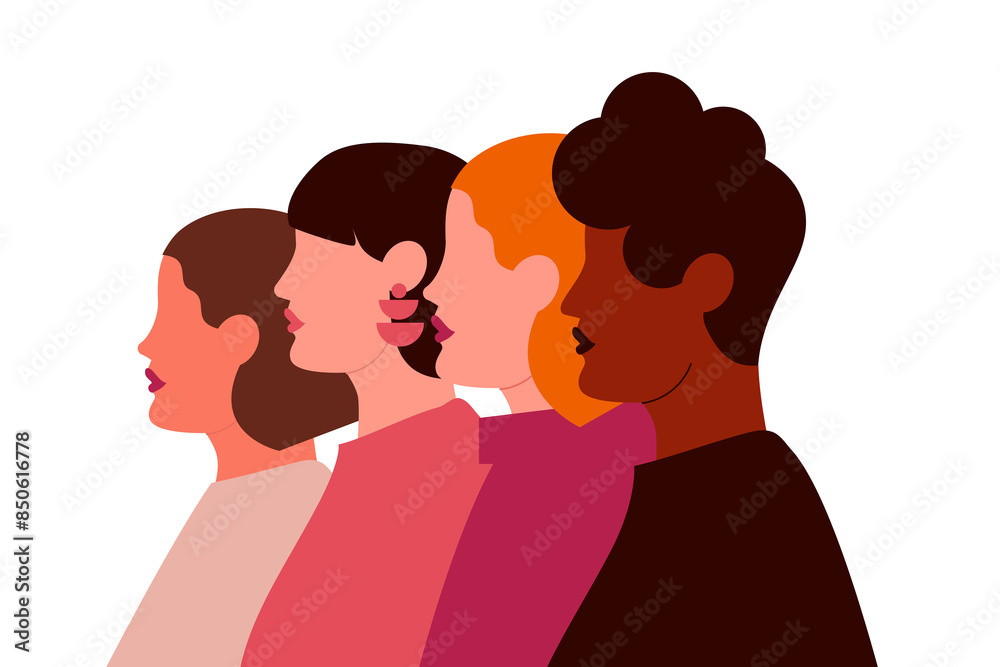 Colorful illustration of four women standing side by side. Concept on diversity, sisterhood, unity, emotional support. Portrait of female friends of different skin tones. Diverse people together