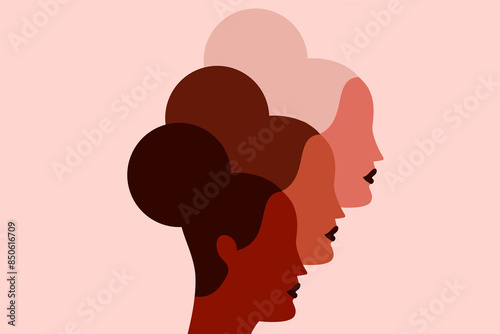 Colorful illustration of three women faces of different skin tones, colors. Female heads side by side, next to each other. Concept on diversity, inclusiveness, sisterhood on white, isolated background photo