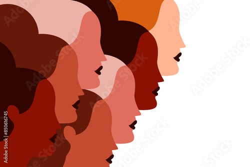 Colorful illustration of seven faces, profiles, women of different skin tones, colors. Female heads side by side. Concept on diversity, inclusiveness, sisterhood on white, isolated background