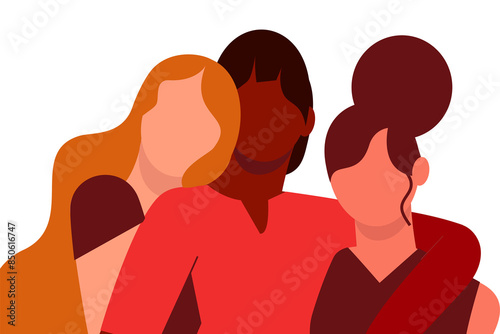 Three women, friends of different ethnicity. Colorful vector illustration on white isolated background. Diversity, friendship, unity, emotional support