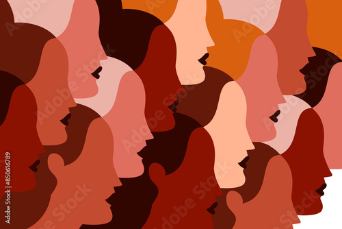 Group of  women of different ethnicity, skin color next to each other. Multiple faces creating a pattern of women supporting other women. Colorful vector illustration of female empowerment