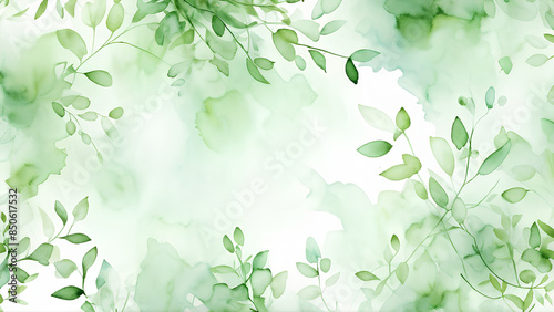 An abstract background featuring delicate green watercolor foliage, with soft leaves and branches creating a serene and natural atmosphere.