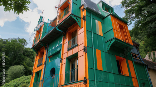 In Ronchamp, France, there's a colorful building with a metal facade painted in green and orange.