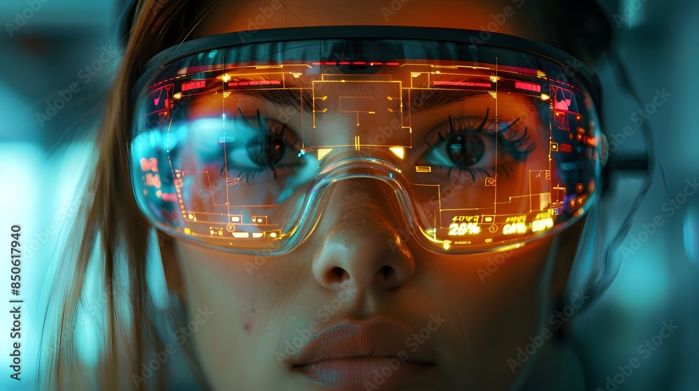European American woman in a sci-fi setting enjoying the tech world through VR glasses, futuristic ambiance European American woman in a sci-fi setting enjoying the tech world through VR glasses, futuristic ambiance