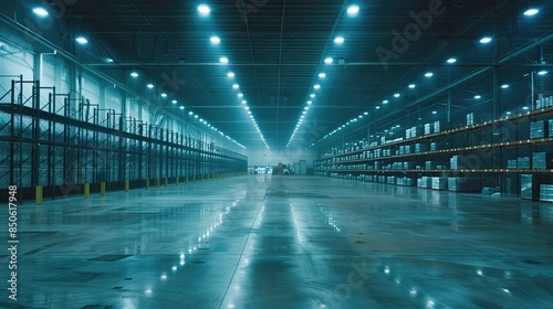 Empty industrial warehouse with racks during evening