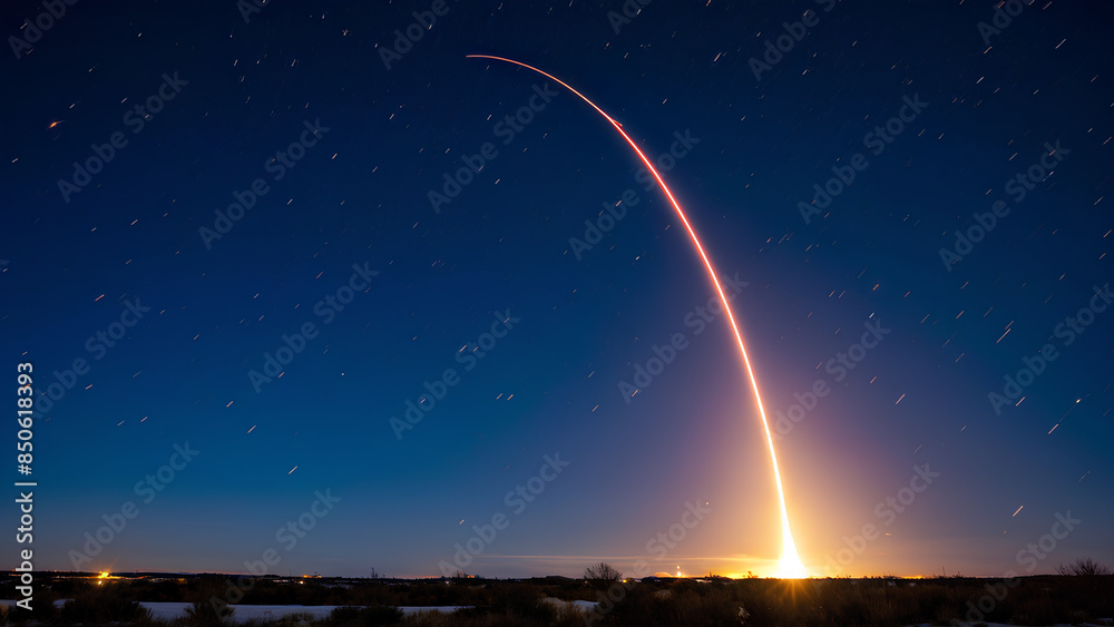 A majestic rocket ascending into the sky, leaving a trail of fiery exhaust behind. A majestic rocket ascending into the sky, leaving a trail of fiery exhaust behind.