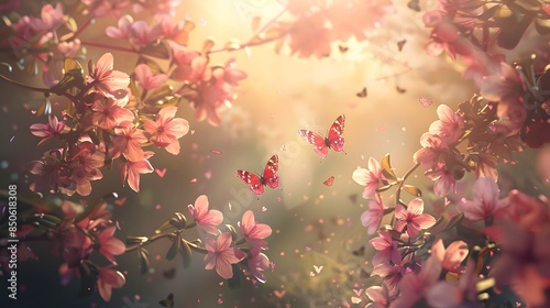 Butterfly perched on a peach blossom at sunset, symbol of spring and rebirth
