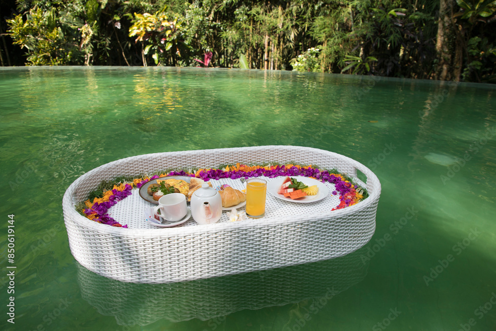Beautiful view of the breakfast in a swimming pool