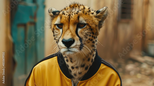 Cheetah in jacket, merging urban fashion with nature in modern and creative way photo