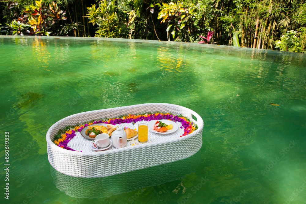 Beautiful view of the breakfast in a swimming pool