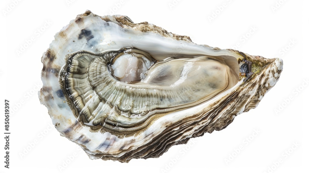 Fresh oyster shell brimming with potential on a white backdrop. Rich in protein and nutrients, this seafood delicacy is a healthy and delicious choice Fresh oyster shell brimming with potential on a white backdrop. Rich in protein and nutrients, this seafood delicacy is a healthy and delicious choice