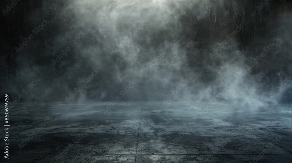 Misty black room with a concrete floor. This is a great background for product placement. Fog moves through the room, creating a mysterious and atmospheric effect. Misty black room with a concrete floor. This is a great background for product placement. Fog moves through the room, creating a mysterious and atmospheric effect.