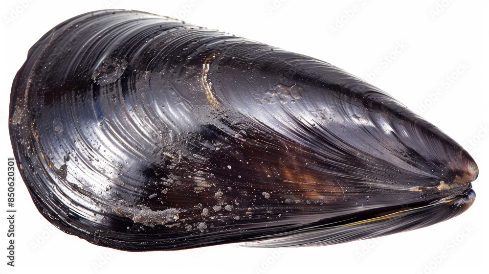 Isolated single black mussel shell on a white background, perfect for cooking Isolated single black mussel shell on a white background, perfect for cooking