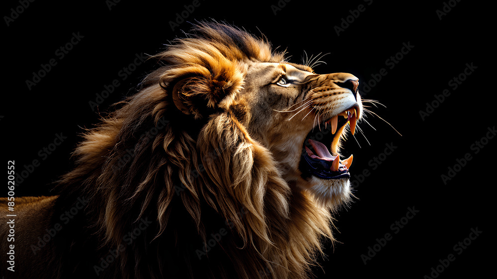 Naklejka premium A majestic lion roaring, its profile highlighted against a completely black background.